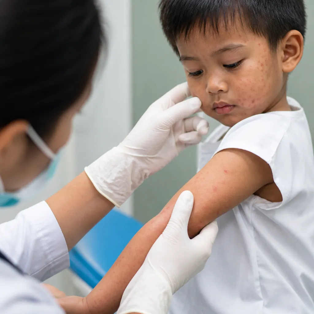Pemeriksaan ruam makulopapular pada anak yang terkena campak