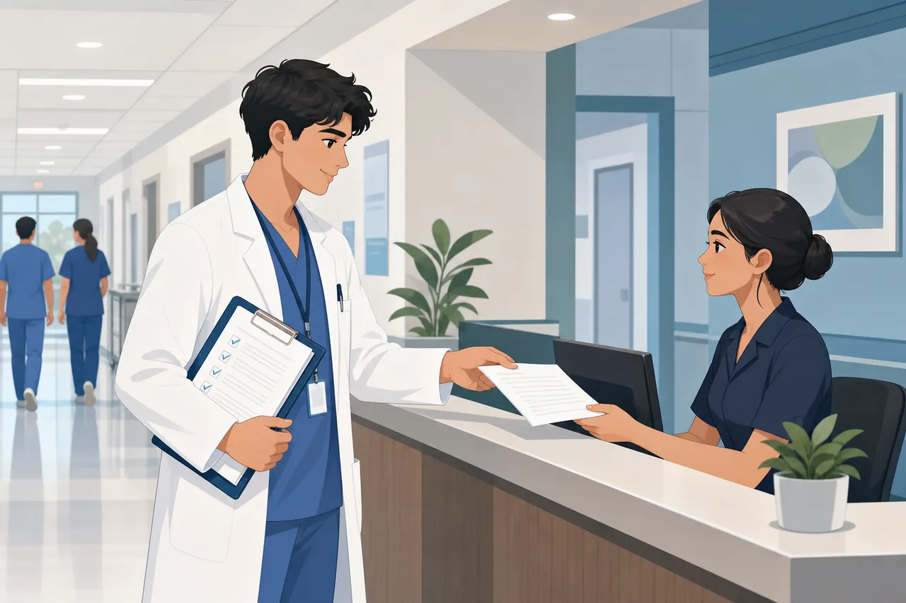 Ilustrasi lapor keselamatan kerja dokter internship dengan dokumen dan checklist di meja administrasi rumah sakit